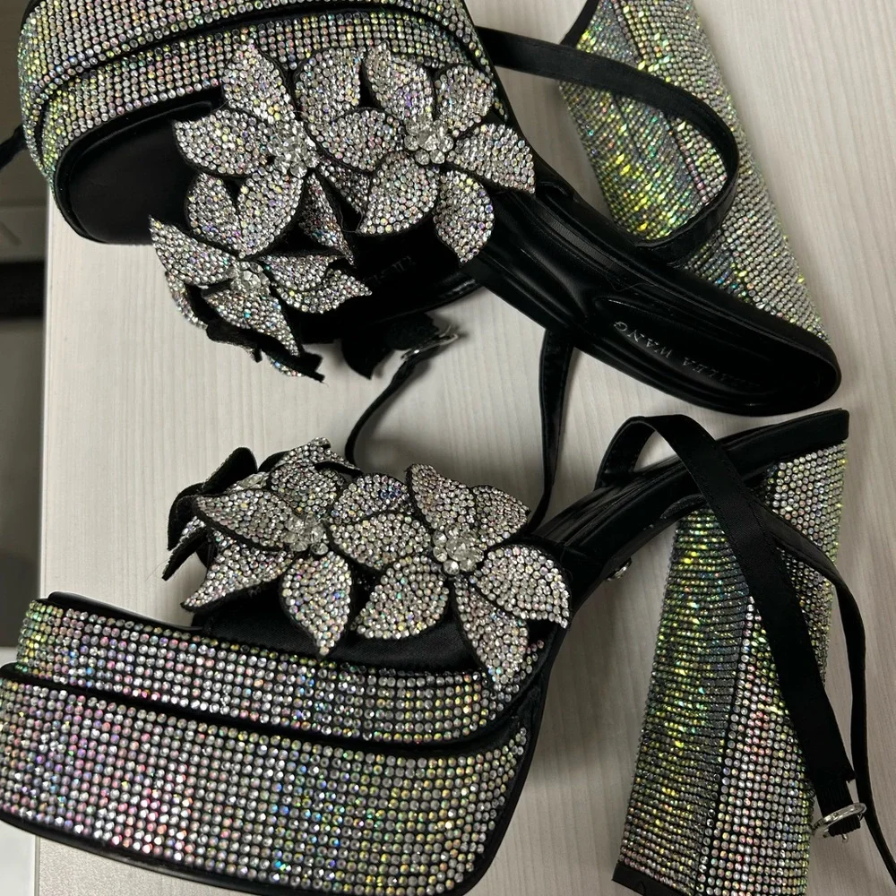 Azalea Wang Teille Embellished Flower Crystal Platform Heels NWOB - Picture 7 of 12
